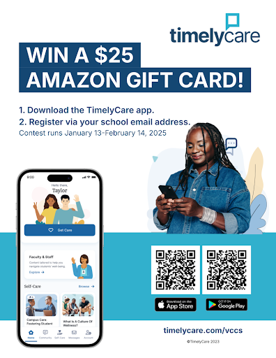 Advertisement for TimelyCare contest. This is a promotional flyer for TimelyCare offering a $25 Amazon gift card contest. It shows the TimelyCare app interface, download QR codes for both app stores, and a person in denim using their phone. The contest requires downloading the app and registering with a school email between January 13-February 14, 2025. The design uses a blue and white color scheme and includes decorative geometric elements in the background.
