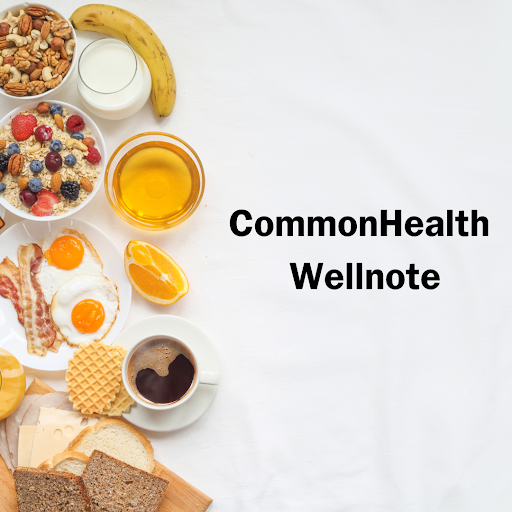 White background with a variety of breakfast foods with a yellow theme such as eggs, waffles, bananas, and oatmeal. Text "CommonHealth Wellnote" 