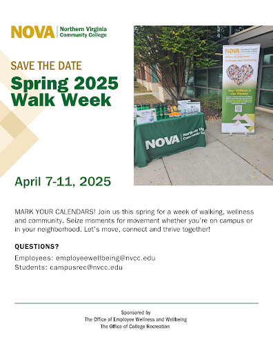 Walk Week Flyer: Gold and Green NOVA logo and a photo from last year's Walk Week with a table containing literature and a sign with a group of diverse people standing in the shape of a heart. Text: Save the Date Spring 2025 Walk Week, April 7-11, 2025, All remaining text replicates that in the article.