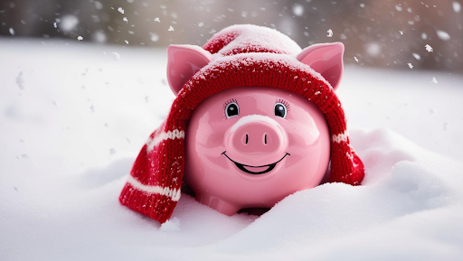 Winter-themed image of a shiny pink piggy bank wearing a red and white striped winter hat and sitting  in the snow with snowflakes gently falling.