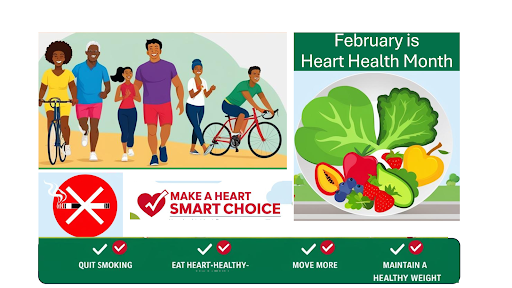 Illustration promoting February as Heart Health Month. The image features people jogging, cycling, and engaging in physical activities. A large heart-healthy plate filled with vegetables and fruits is displayed. Icons and text encourage heart-smart choices, including quitting smoking, eating heart-healthy foods, moving more, and maintaining a healthy weight. The banner includes the phrase: 'Make a Heart Smart Choice.