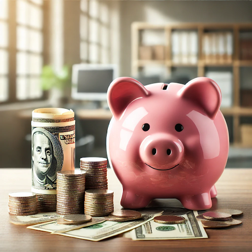 A shiny pink smiling piggy bank sits on a table in a spacious, modern office, next to rolls of dollar bills and stacks of coins