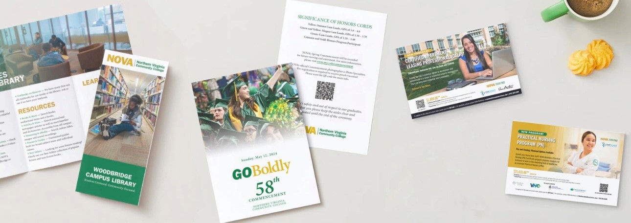 A layout of NOVA event and marketing pieces show the college brand in green and gold.