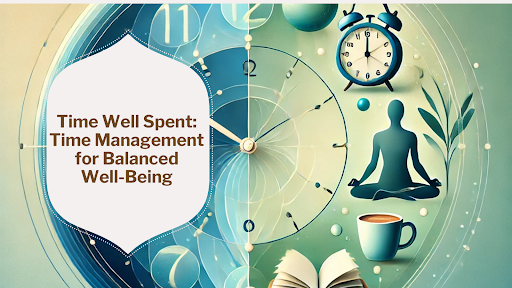An abstract clock design with a gradient background blending shades of blue and orange, symbolizing the passage of time. The clock face is overlaid with subtle imagery of professional tools like a pen and calendar, and personal elements like a cup of coffee and a heart, representing the balance between work and personal life. Text- “Time Well Spent: Time Management for Balanced Well-Being”
