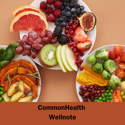 Three plates with healthy food and the wording common health wellnote. 