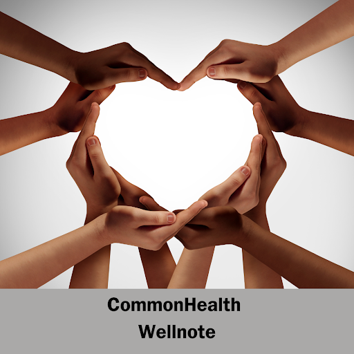 Diverse hands form a heart. Banner below has text reading CommonHealth Wellnote