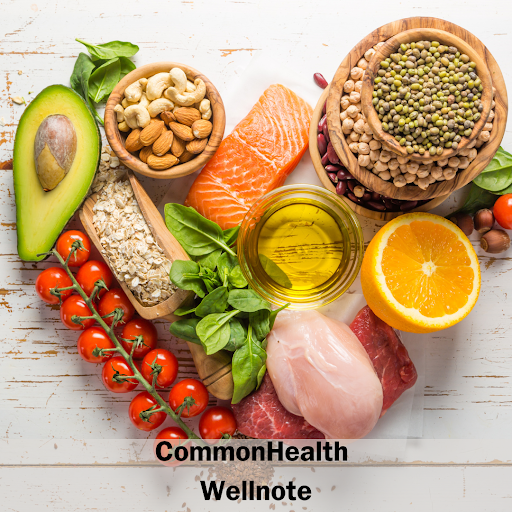 A combination of various healthy foods in the shape of a heart text: common health wellnote
