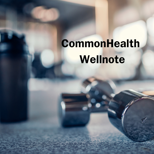 hand weights lay on the floor of a gym with a waterbottle nearby. Black text: CommonHealth Wellnote