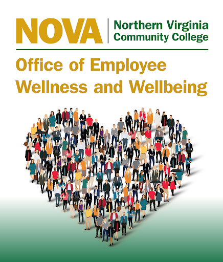 Logo for the Office of Employee Wellness and Wellbeing featuring a green and gold NOVA logo, Text: Office of Employee Wellness and Wellbeing and a group of diverse people standing in the shape of a heart