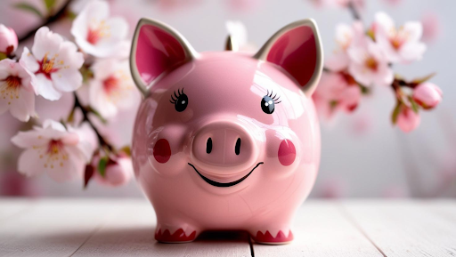 A glossy pink piggy bank with a cheerful, smile sits on a white wooden surface. In the softly blurred background, delicate pink cherry blossoms are in full bloom on dark branches, adding a springtime feel to the scene.