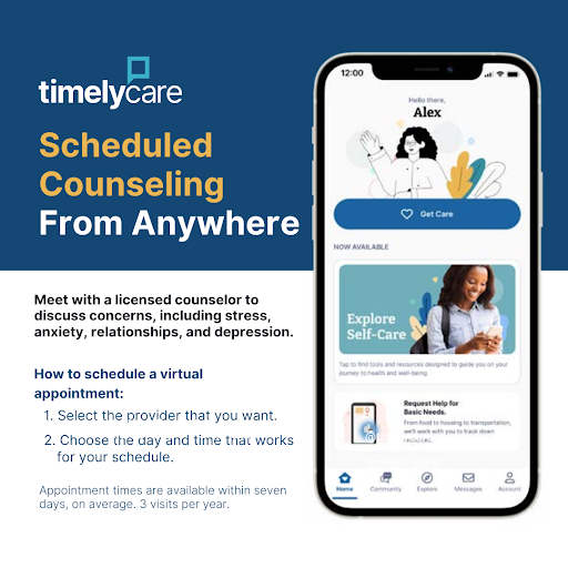 A smartphone screen displaying the TimelyCare app. The app features a section called "Scheduled Counseling" with a description of the service, including the ability to meet with a licensed counselor from anywhere to discuss various mental health concerns. The app also includes a "Self-Care" section and instructions on how to schedule a virtual appointment.