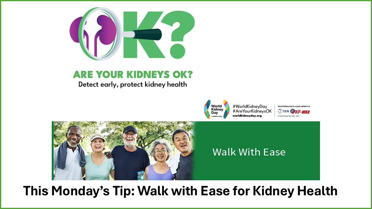 An awareness graphic for World Kidney Day featuring the slogan 'Are Your Kidneys OK?' with a magnifying glass over the letter 'O,' symbolizing early detection. Below, the text reads 'Detect early, protect kidney health.' The World Kidney Day logo is present along with hashtags #WorldKidneyDay and #AreYourKidneysOK. A green banner with the text 'Walk With Ease' is accompanied by a photo of a diverse group of smiling older adults in athletic clothing, standing outdoors. The bottom text states, 'This Monday’s Tip: Walk with Ease for Kidney Health.' Logos of the International Society of Nephrology (ISN) and the International Federation of Kidney Foundations - World Kidney Alliance (IFKF-WKA) indicate their joint initiative.