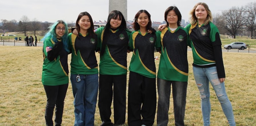 Members of the team line up with the Washington Monument in the background. Left to right:
Mallory Colon, Katie Joo, Ame Truong, Arianne Le, Kaylee Kim, and Maddie Davidson