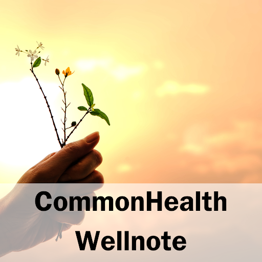 Photo of a hand holding freshly picked wildflowers against the backdrop of a beautiful sunrise. Band at the bottom that reads CommonHealth Wellnote