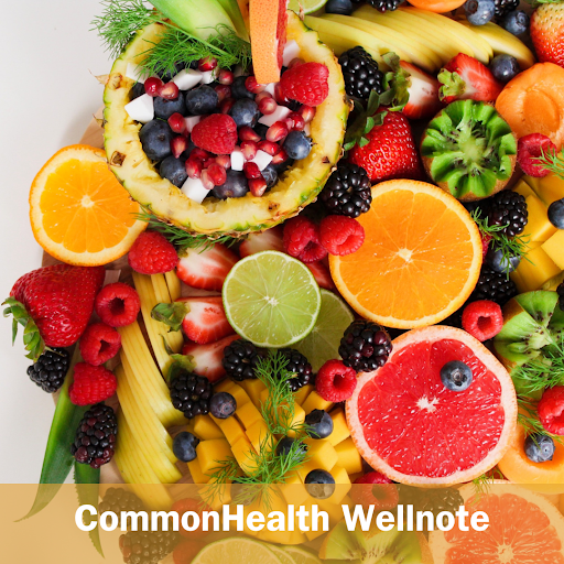 A vibrant display of various fruits with the wording common health wellnote